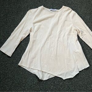 Cream Beige Asymmetrical Hem 100% Cotton 3/4 Sleeve Crewneck T-Shirt Modest Top